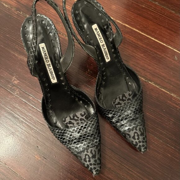 MANOLO BLAHNIK GREY PLOIESTI SNAKESKIN SLINGBACK - Picture 1 of 4